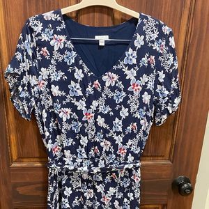 J. Jill Navy & White Floral V-Neck Belted Ruffle Maxi Dress size M